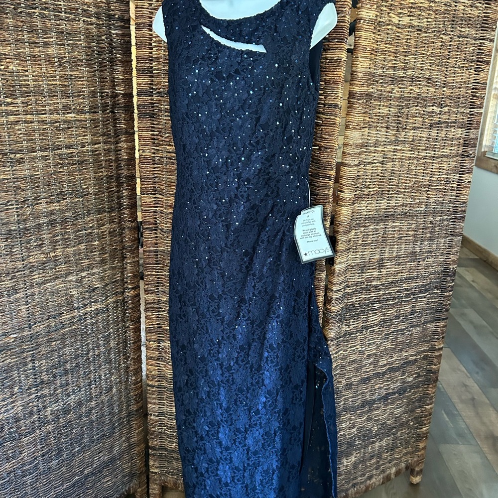 Beautiful Sparkly Navy Long Formal Dress W/Slit  Sz 8 NWT